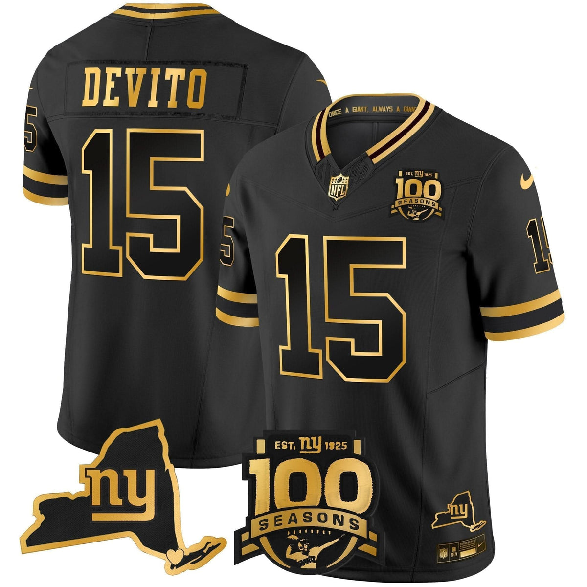 New York Giants 100th Season & State Patch Gold Vapor Limited Jersey - All Stitched